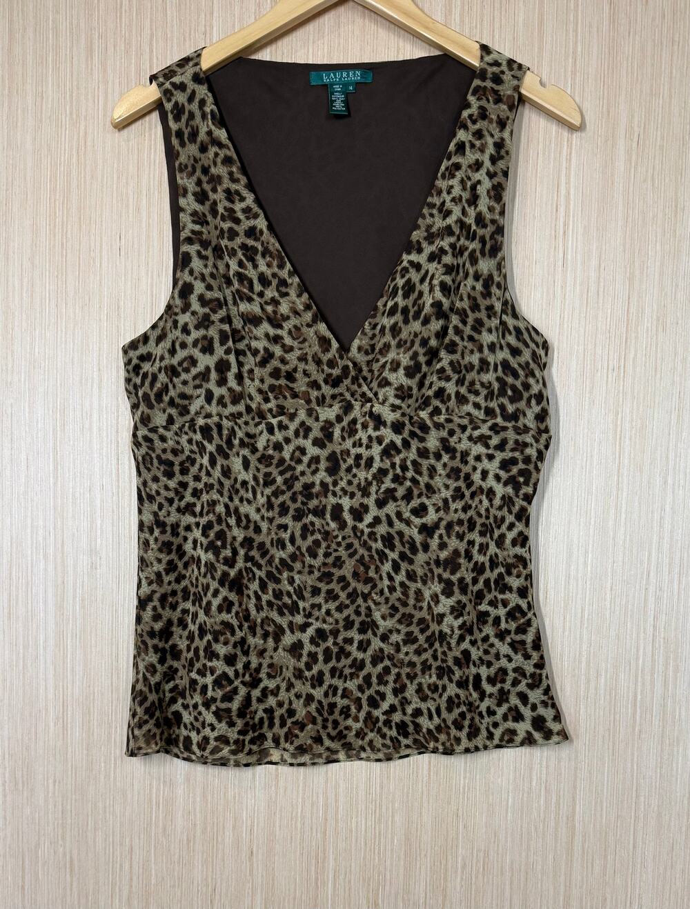 Lauren Ralph Lauren 100% Silk Leopard Sleeveless Top Size 14 Mob Wife Y2K Style